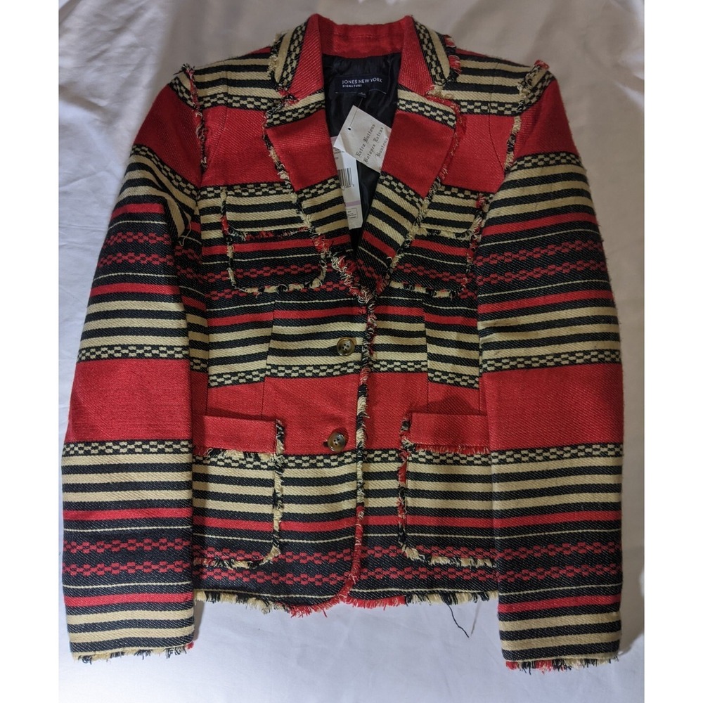 Jones New York Blazer Southwest Stripes Fringe Size 6 Red Multicolor